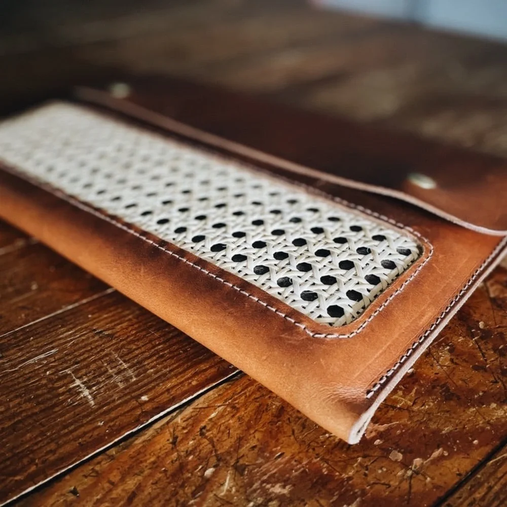 Brown Leather Folio Case with Woven Detail